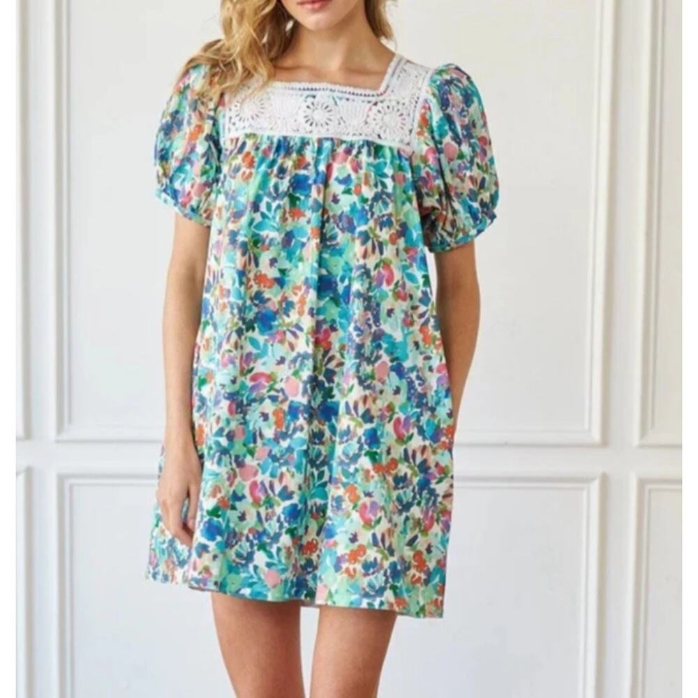 Mi Golondrina Multicolor Floral Puff-Sleeve Mini Dress with Lace Yoke